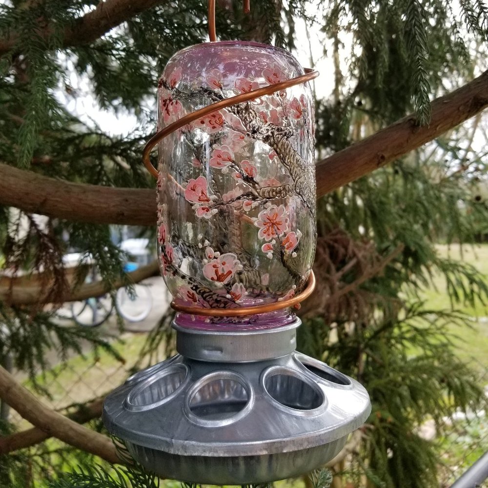 Handmade bird feeder. Handpainted. Cherry Blossom
